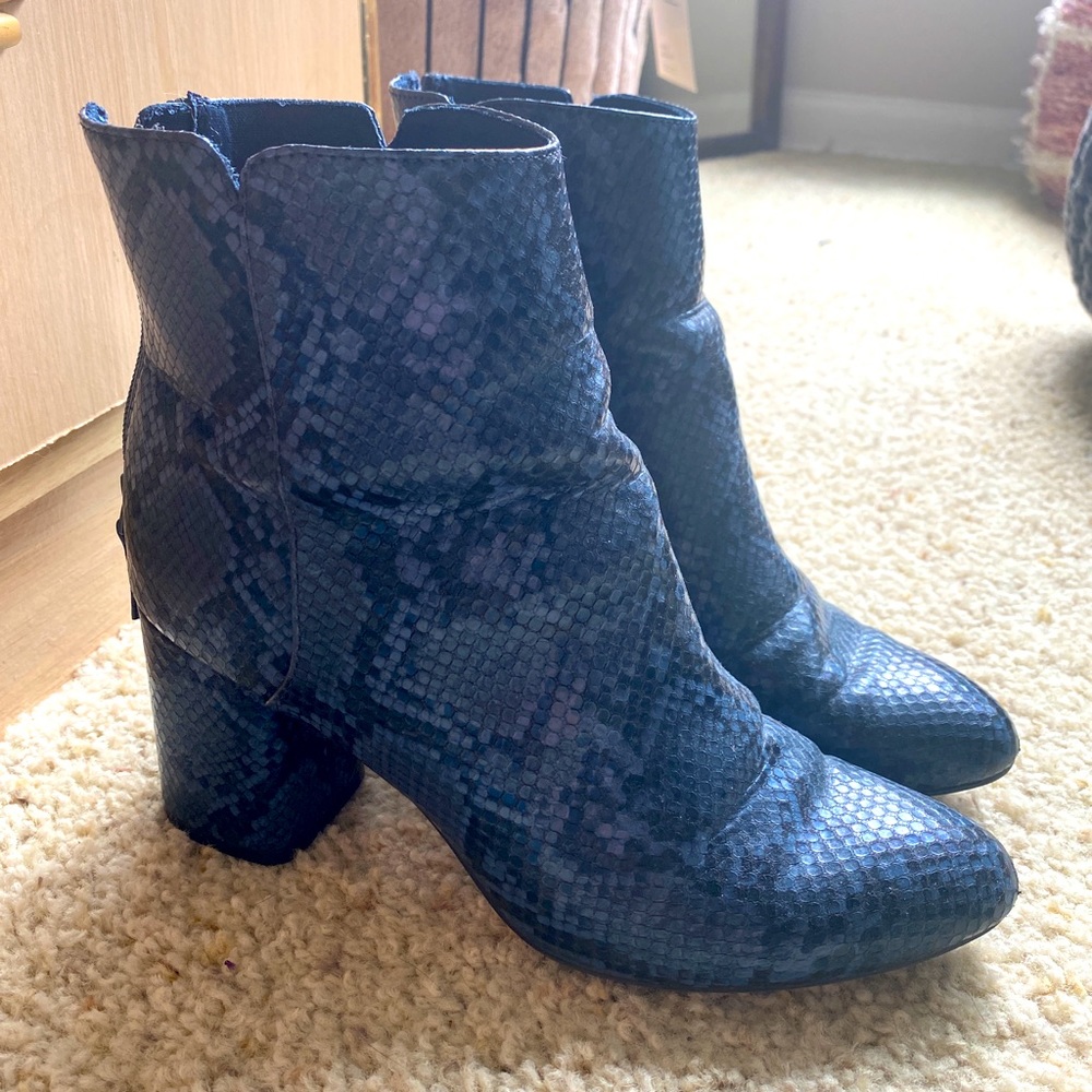 navy snake print booties